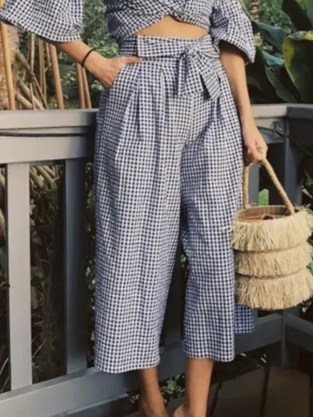 MISA Los Angeles Gingham Seersucker Cropped Wide Leg Tie Waist Pants Size Large